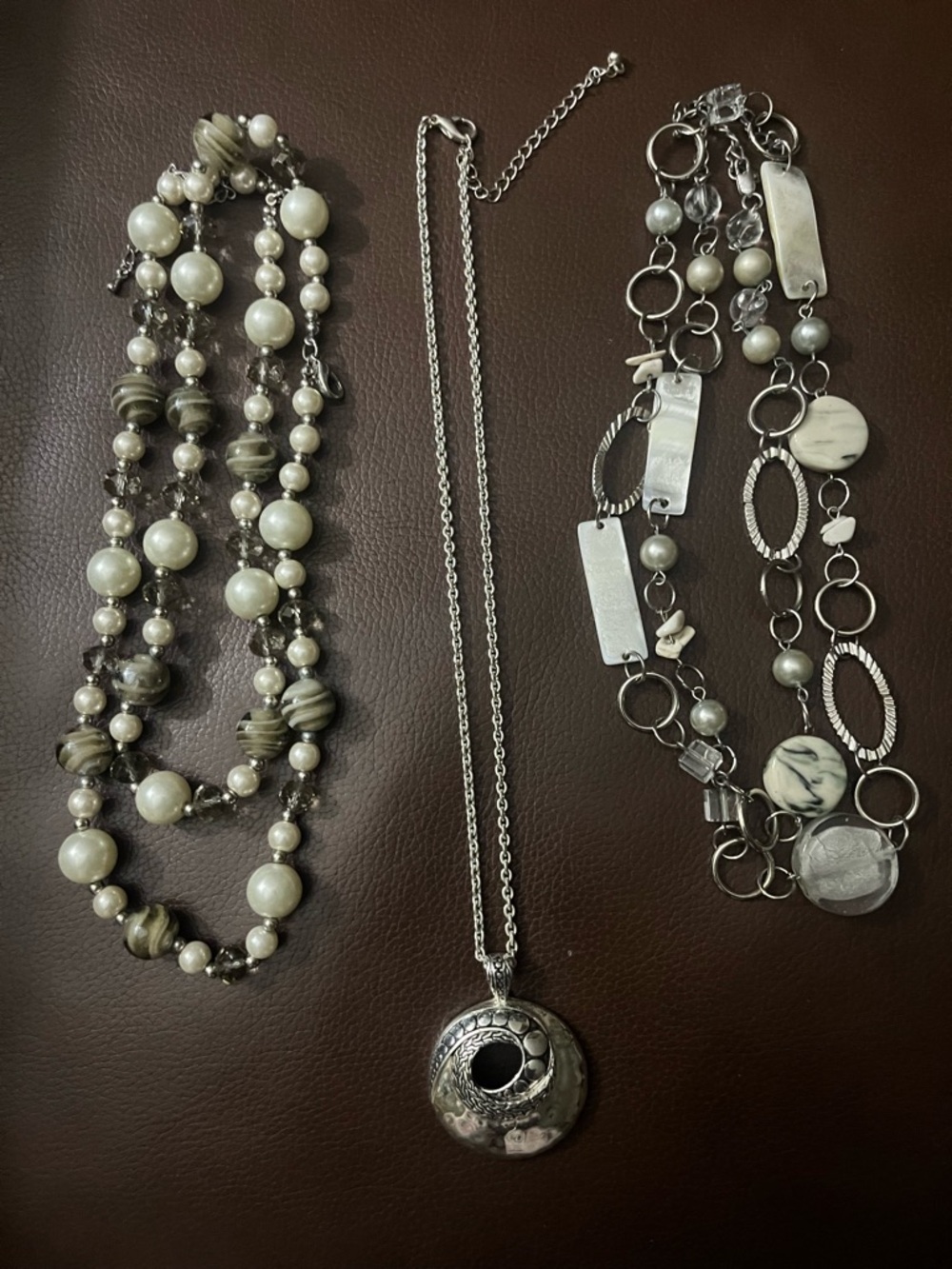 Silver Pendant Necklace with Gray and White Bead Necklaces